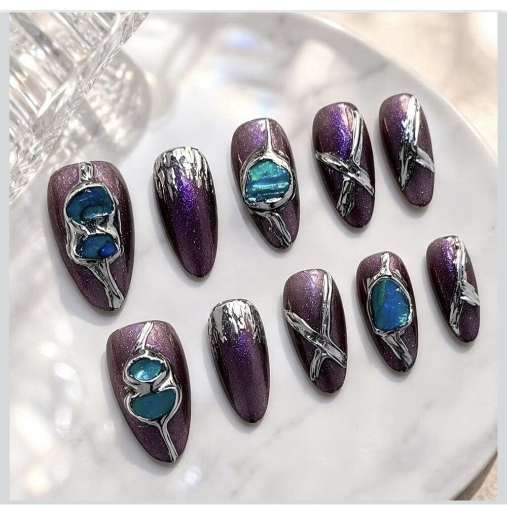 Handmade Purple Chrome Press On Nails Medium Almond Teal Gems 10Pc Reusable
